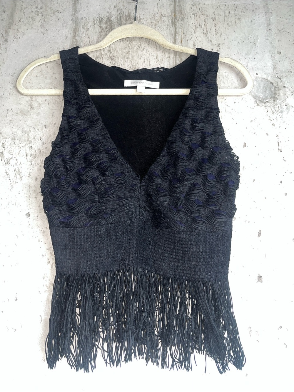 Jonathan Simkhai Black Fringe Crop Top XS Sleeveless V-Neck Textured Statement